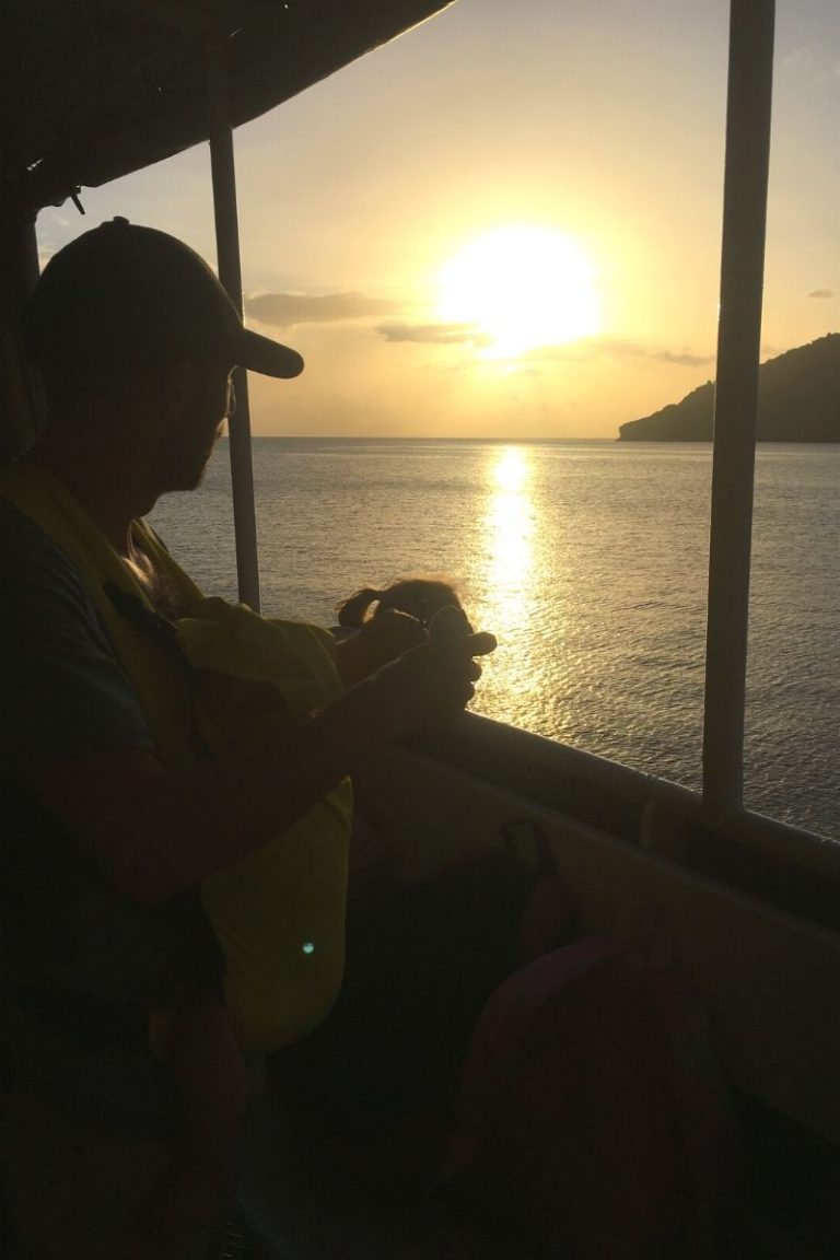 Watching the sunset view on the ferry to Bequia with kids